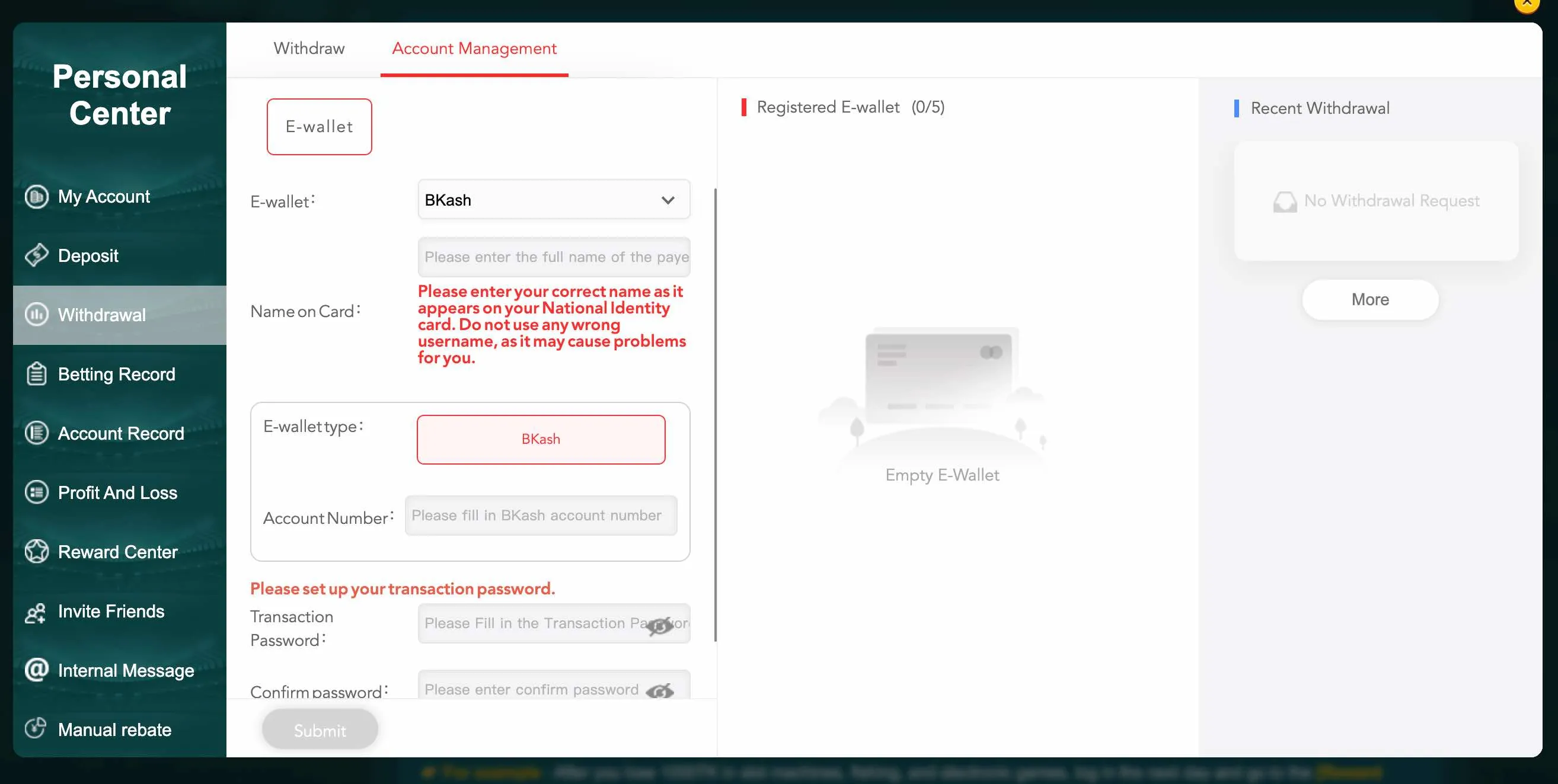 Add wallet and transaction password